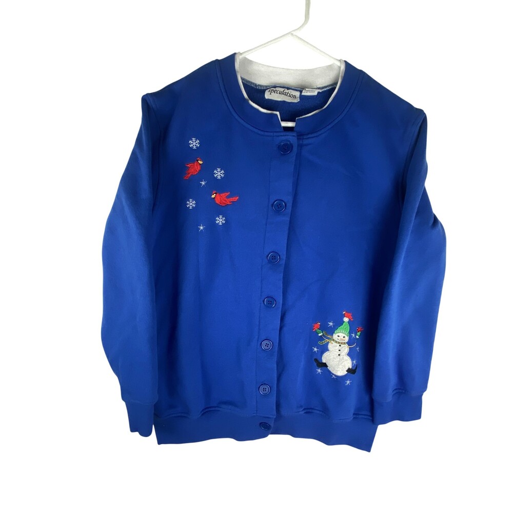Speculation Sweatshirt Womens Small Blue Cardigan Snowman Cardinals Xmas Fleece